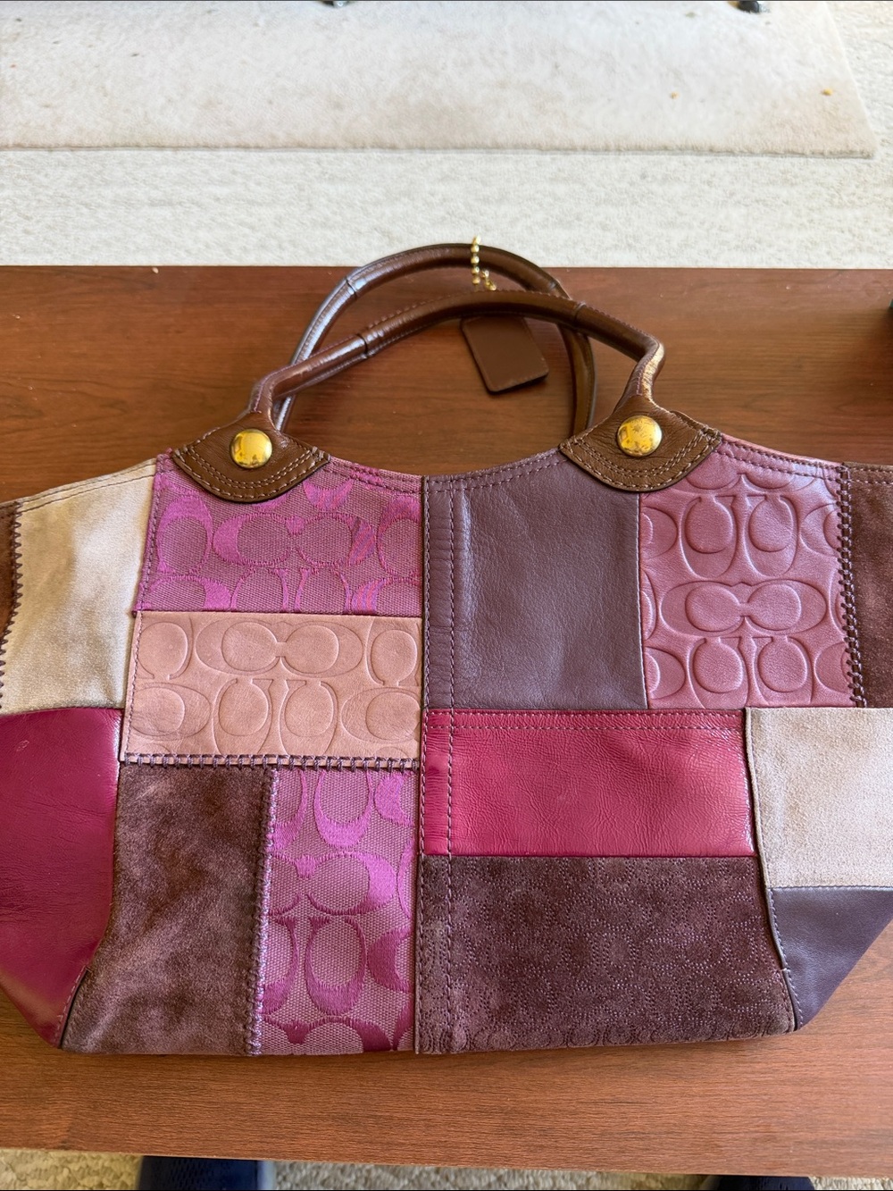 Coach Patchwork Leather Tote Bag in Pink/Brown